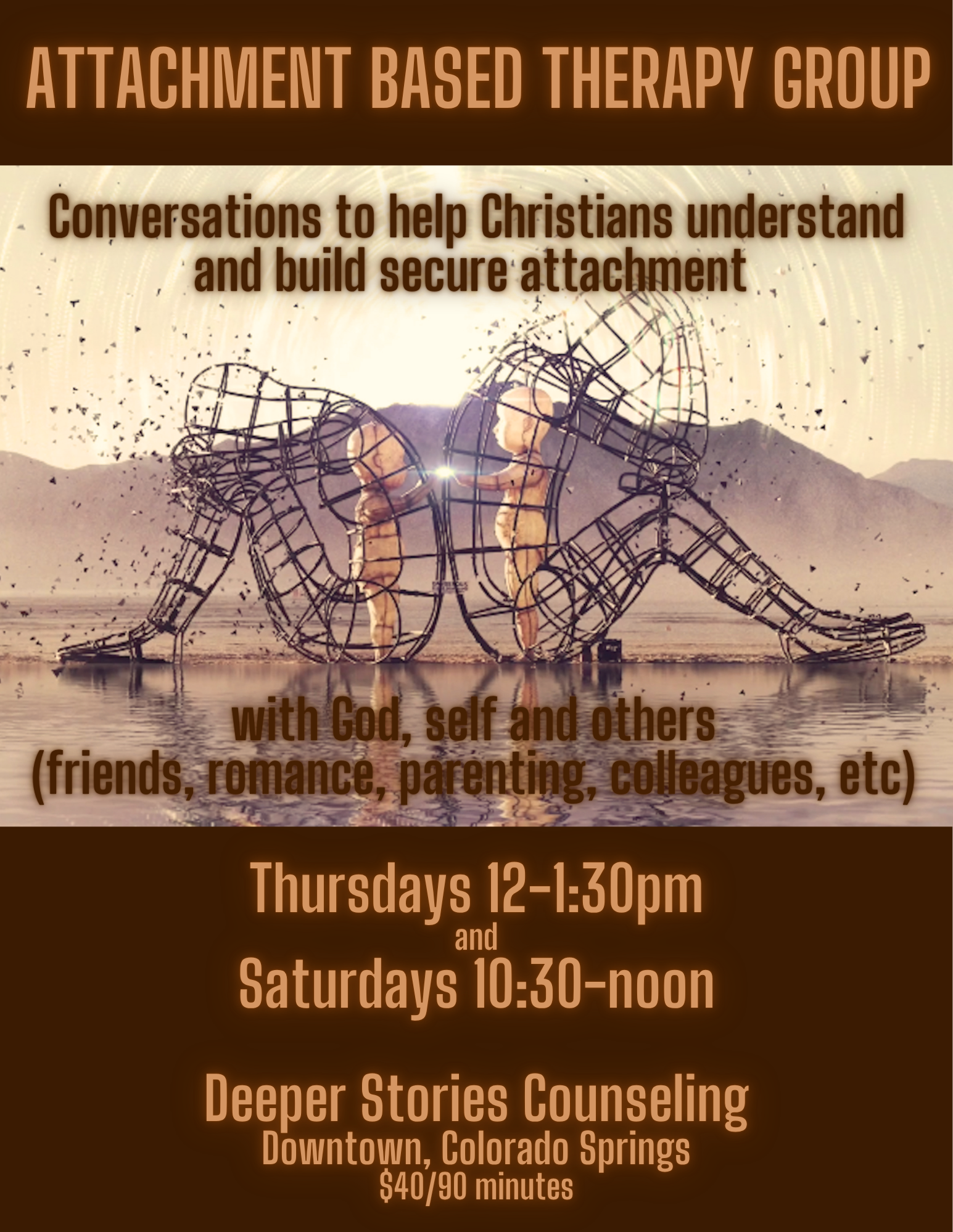 Flyer promoting an attachment-based therapy group with information about times, location, and cost, featuring artistic imagery of two people and wireframe sculptures of horses.