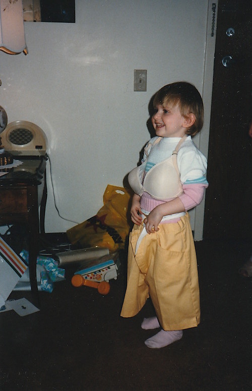For some comic relief, here's a photo of me wearing grandma's bra and shorts. 