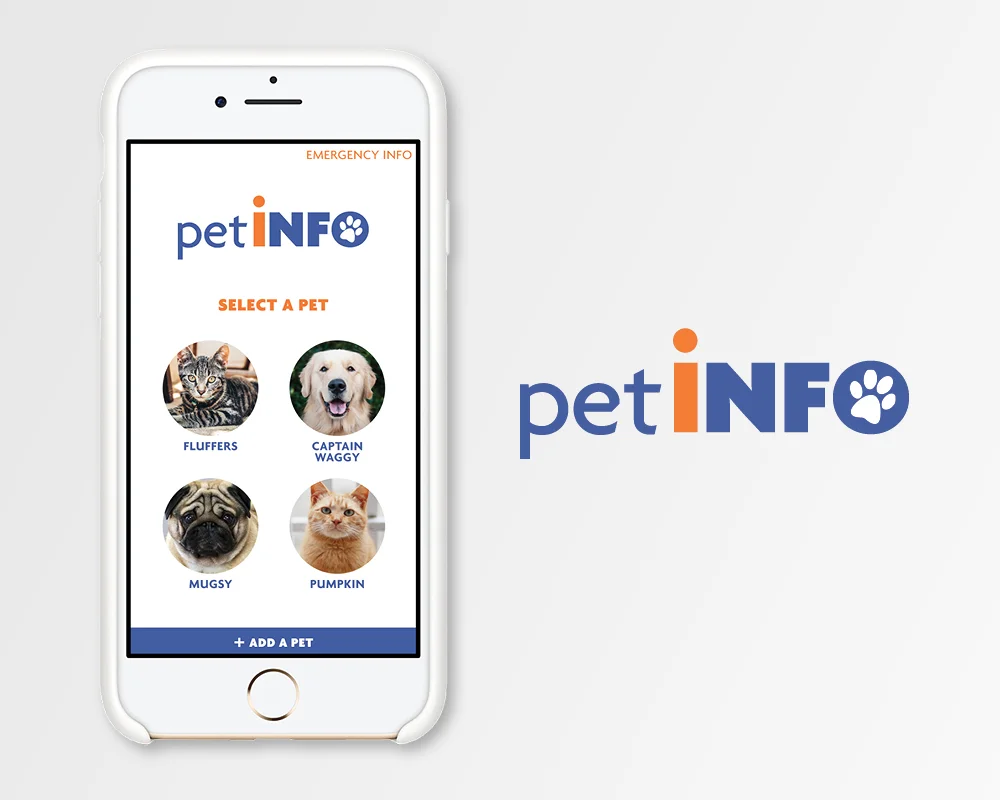   PET INFO:  Concept, logo, and design for app featuring an easy way to store and access your pets' health information. 