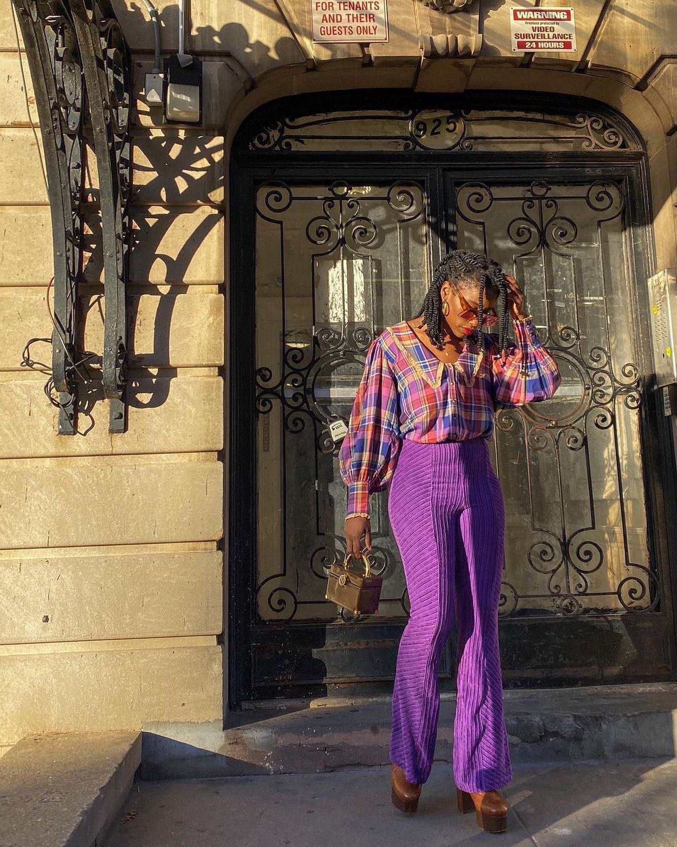 💜💜💜 @thelangueofyolande in the Slim Pull-On Velvet Flares and Bexley Plaid Top. Link in bio.