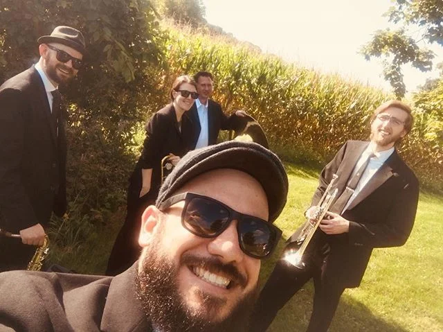 Outdoor wedding in Princeton, IL #cradleofcivilization with @timothykoelling @catiehickey, @jon_rarick and Rob. Congratulations Chris and Kerri! Btw- we now have an arrangement of Blackbird that you might dig. #highhatsecondline #nolainchicago #brass
