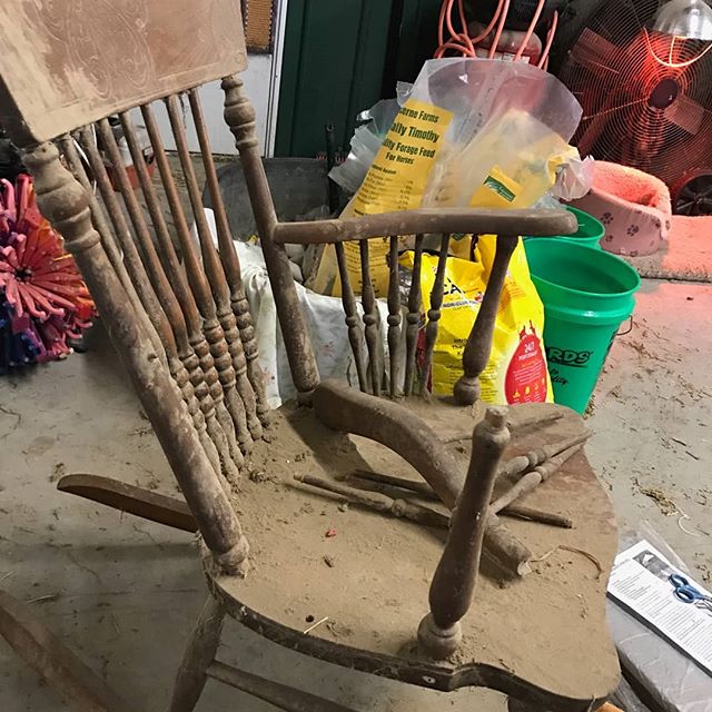 Before and after photos of Grandpa's rocking chair that we saved from the burn pile.  Client was very happy with the way it turned out.