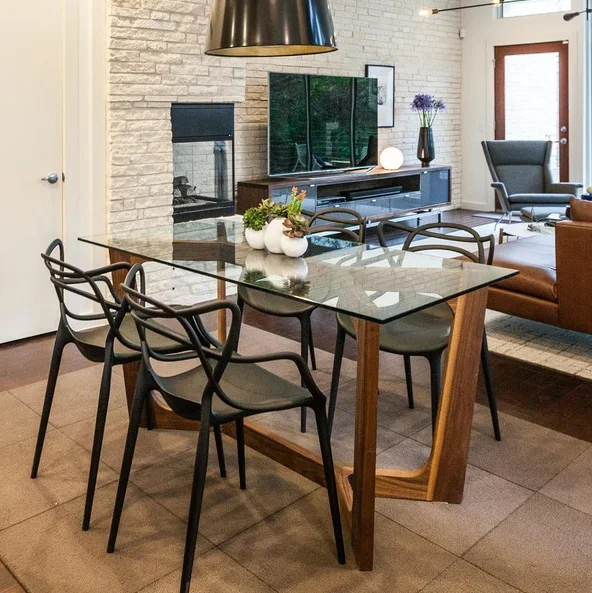 Glass Walnut Bow Base Dining Table