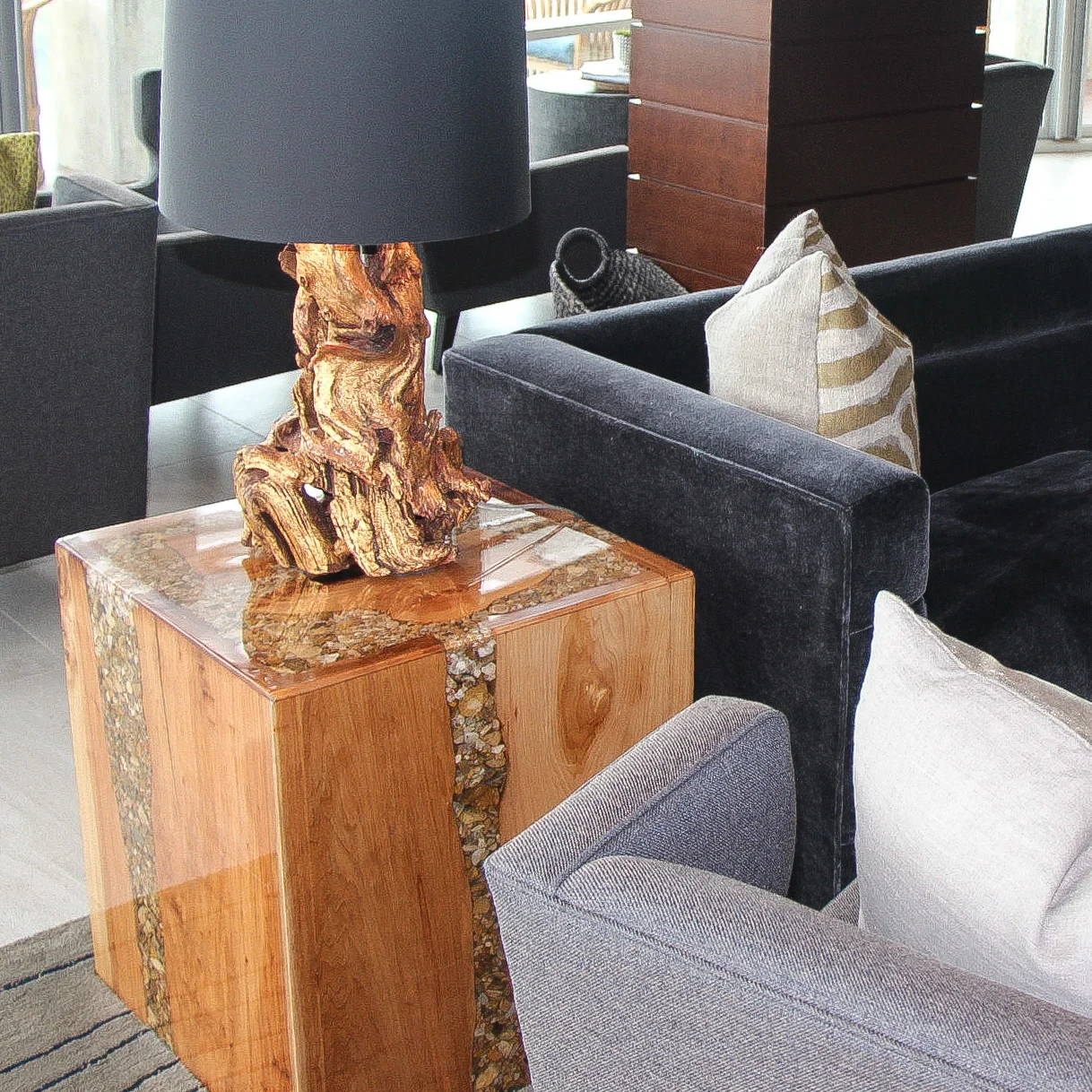 Pecan Live Edge & River Rock Epoxy Side Table