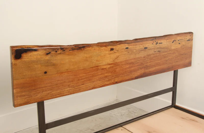 Pecan Live Edge Headboard Steel King Bed