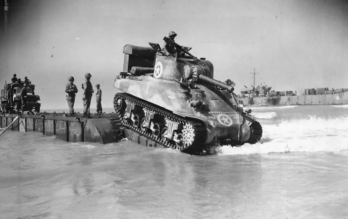 67th ARM RGT M4A1, lands during Operation Husky. Sicily, 1943.