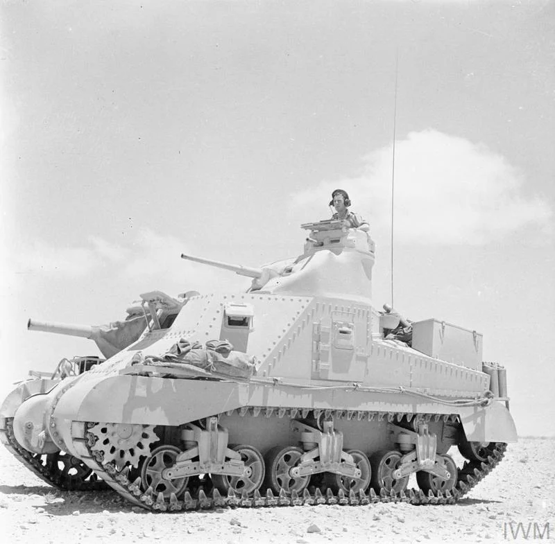 Lee tank of 'C' Squadron, 4th (Queen's Own) Hussars, 2nd Armoured Brigade, El Alamein position, Egypt, 7 Jul 1942. IWM photo E 14050