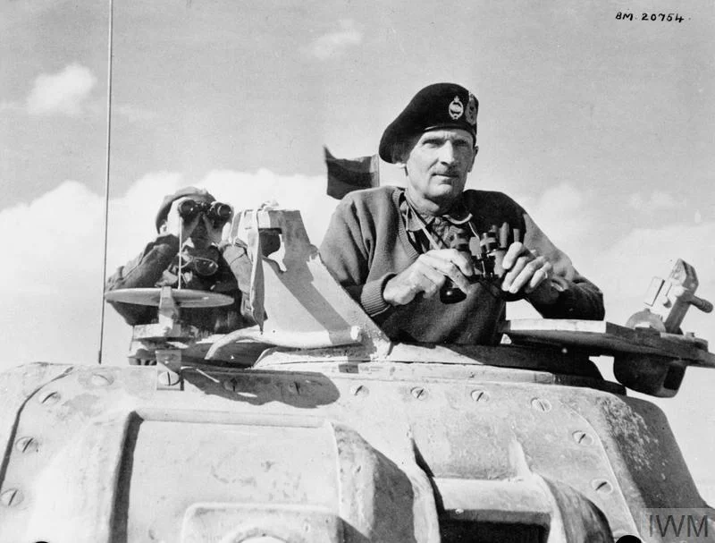 Lieutenant General Bernard Montgomery, commanding the British Eighth Army in North Africa, in the turret of his Grant command tank at El Alamein, 5 Nov 1942. IWM photo E 18980