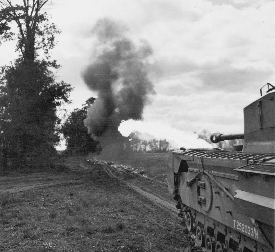 Churchill Crocodile flame-thrower tank, 25 Aug 1944. National Army Museum photo 1985-10-134-1.