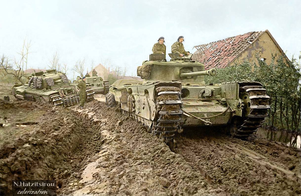 Churchill Mk VII Crocodiles and Mk V CS tanks of the 1st Fife and Forfar Yeomanry. Germany, Nov 1944.