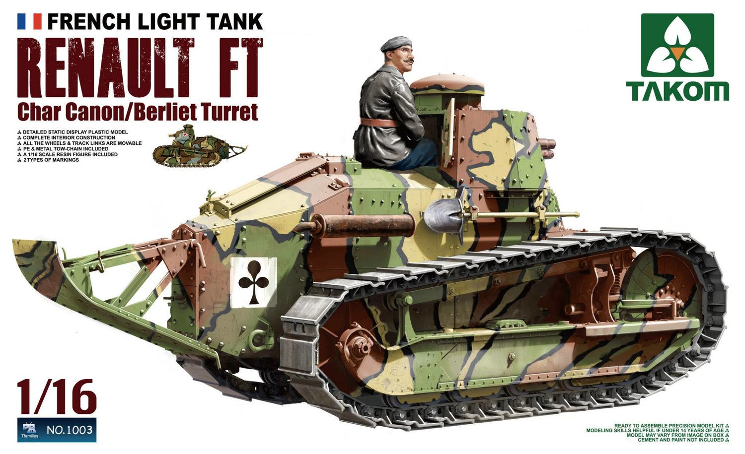 Takom 1/16 1001 French Light Tank Renault FT Char Canon Girod Turret FT-17 WWI