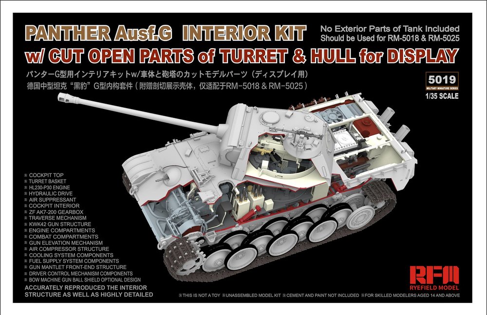 RYEFIELD RM5019 1/35 GERMAN PANTHER Ausf.G W/FULL INTERIOR & CUT AWAY PARTS KIT