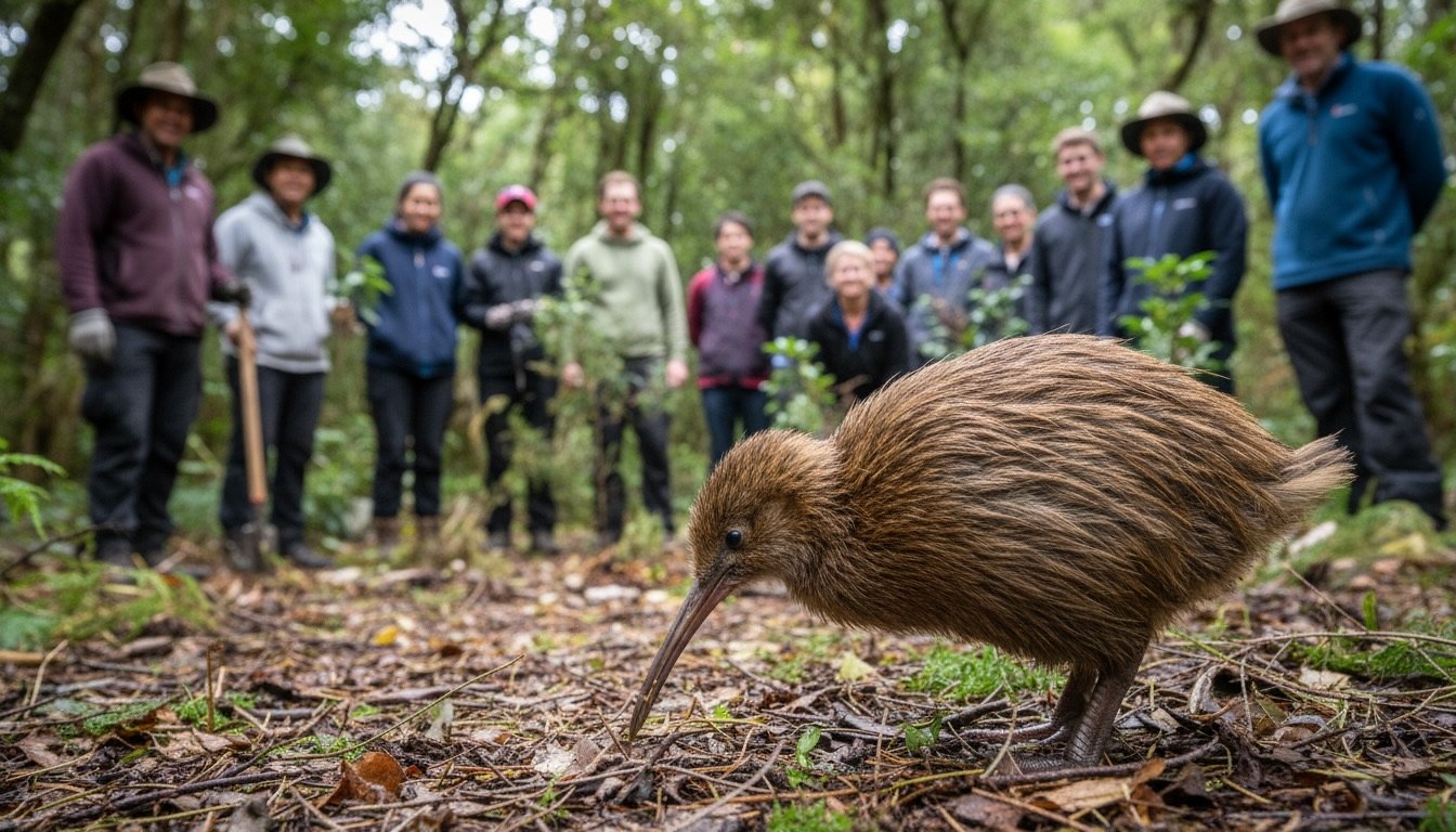 Community volunteers restoring native bush in Auckland conservation project documentary filming