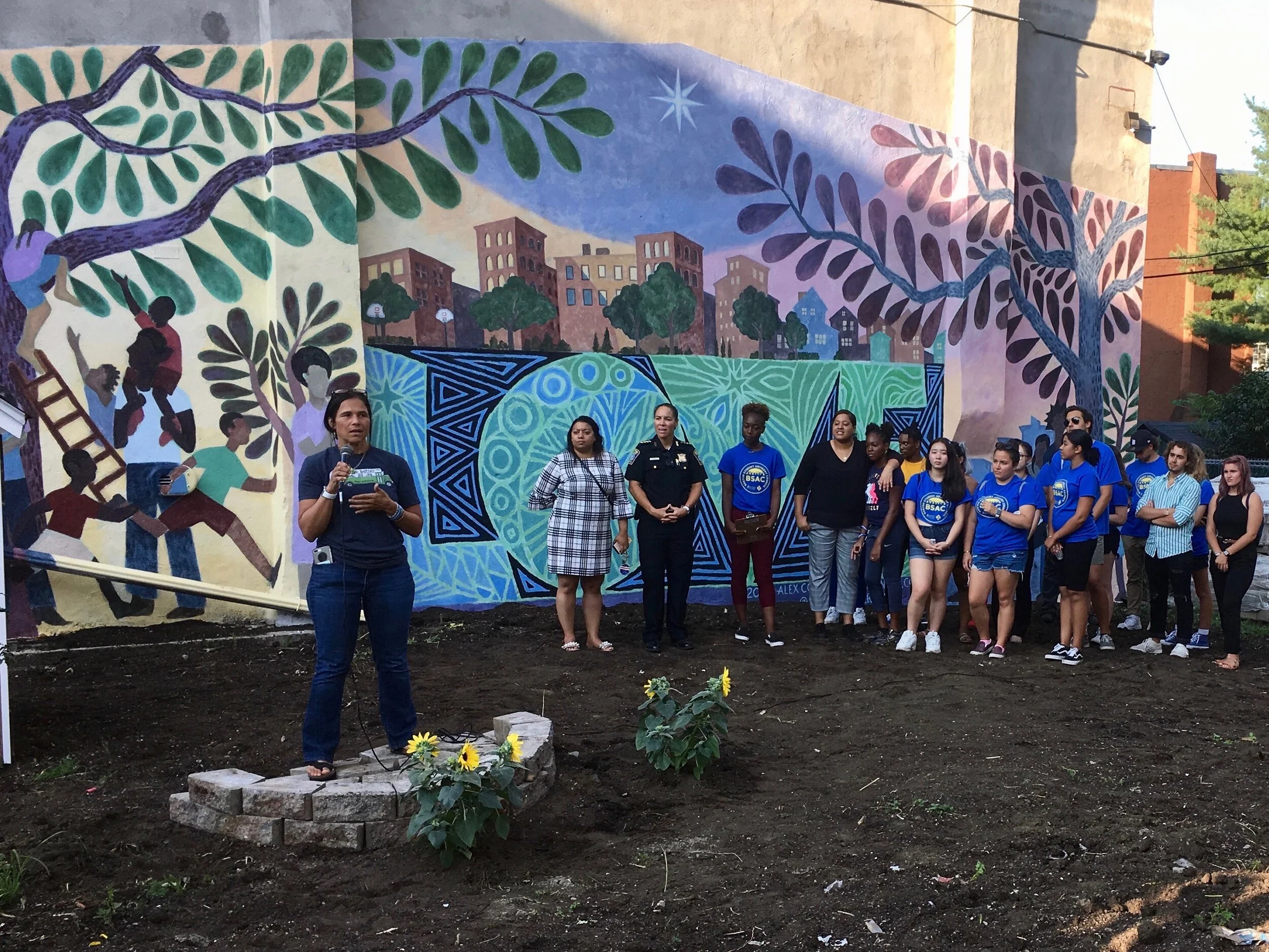 Superintendent of Boston Public Schools Brenda Casselius speaks at the unveiling of the Peace Mural painted by Boston students with muralist Alex Cook at Magnolia Street Park in Roxbury.