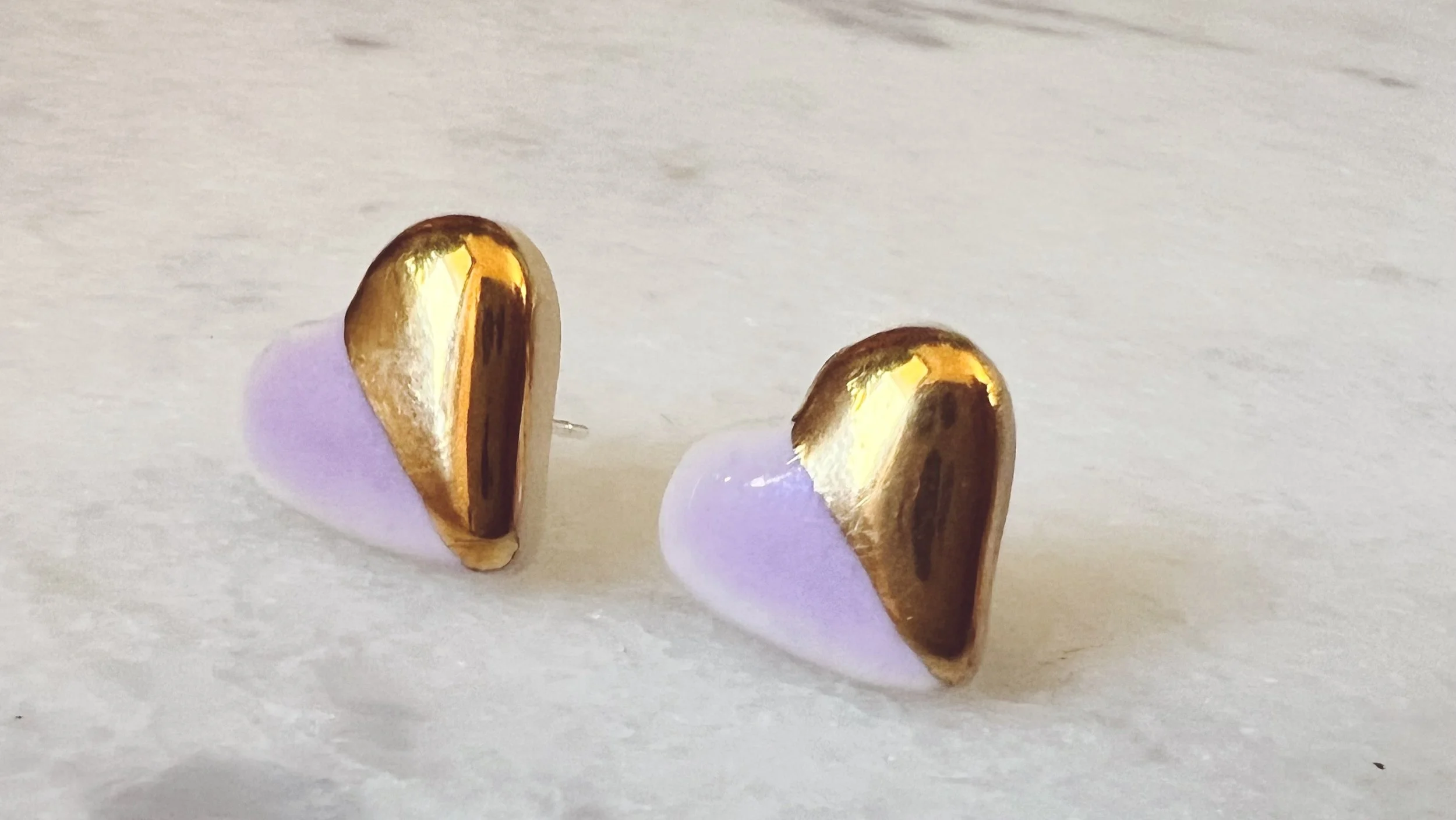 lavender + gold heart studs