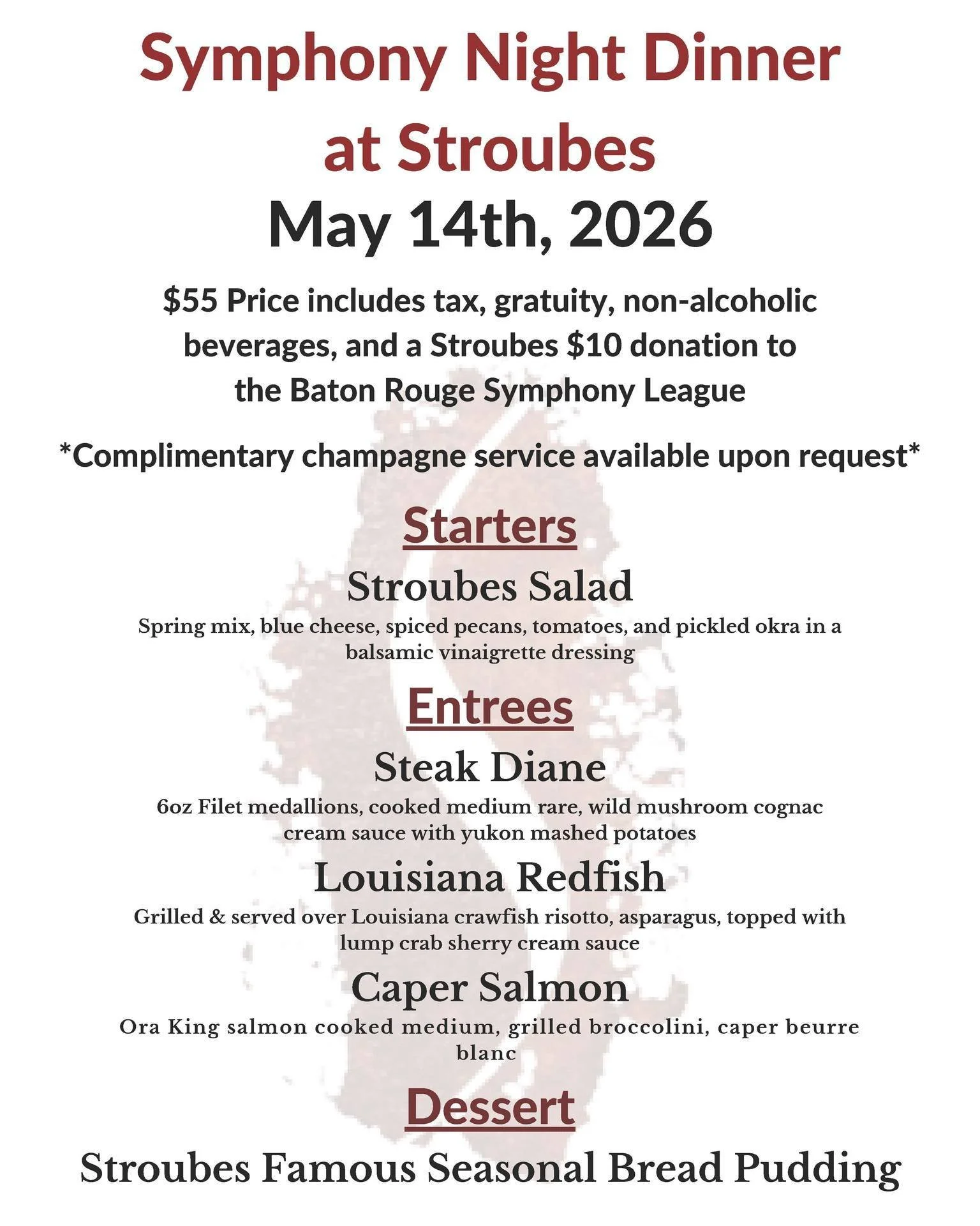 One week until Mahler's Fifth, and the @batonrougesymphonyleague is making the night even more special! 

Our friends at Stroubes will be hosting a Symphony Night Dinner before the concert, with partial proceeds going to the League. You can arrive at