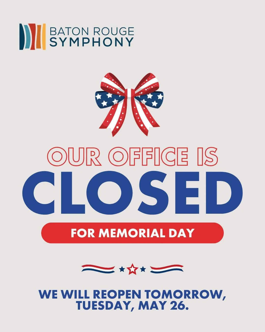 Our office is closed today, Monday, May 25th, in observance of Memorial Day. 
We will reopen tomorrow, May 26. 

For DIVAS tickets, please visit our website at BRSO.org!