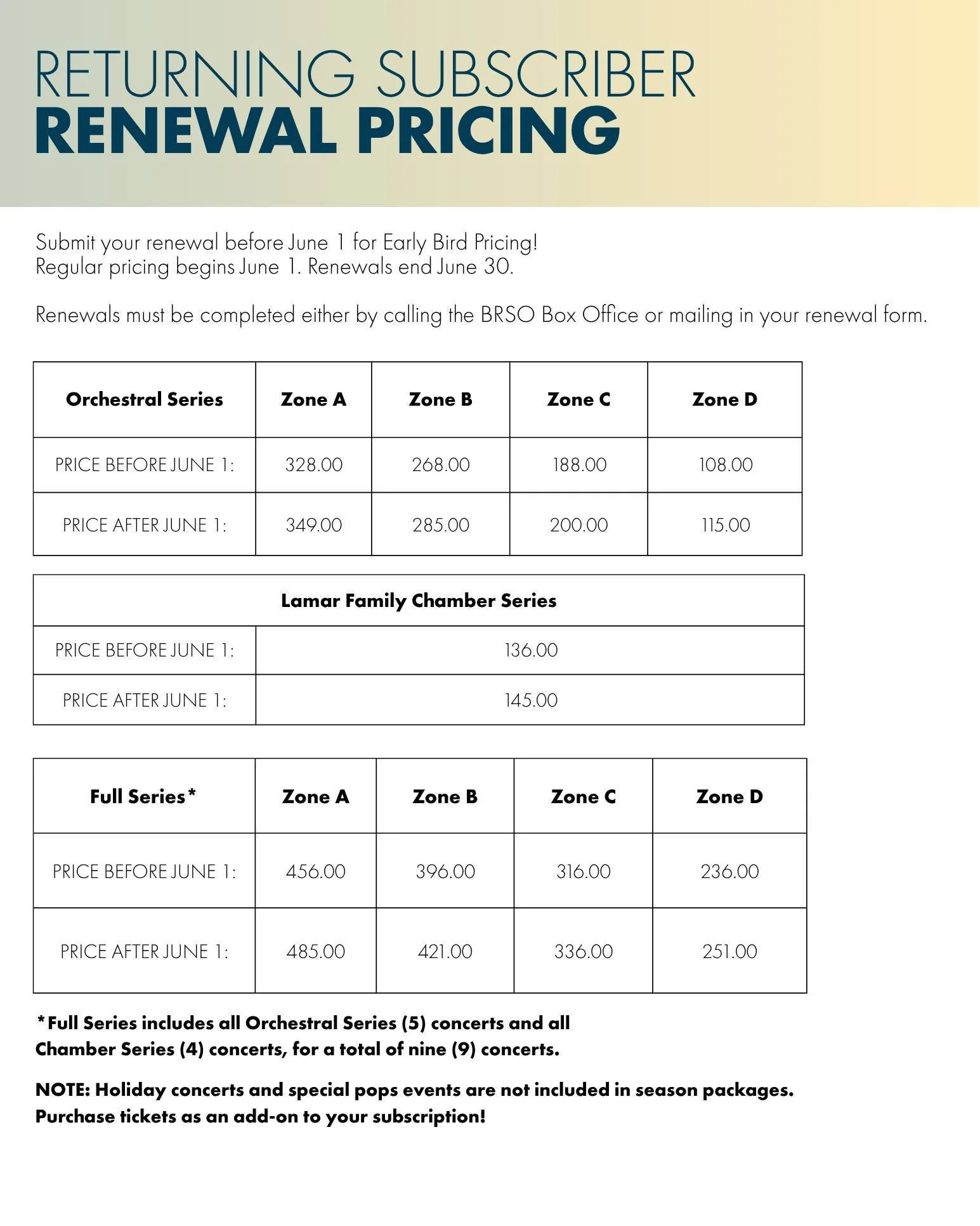 Are you a returning BRSO subscriber? 

Reminder to give us a call or mail in your subscription form prior to June 1 to lock in Early Bird Pricing! 

Please ensure you're leaving our box office a voicemail if we are out of the office or if the line is