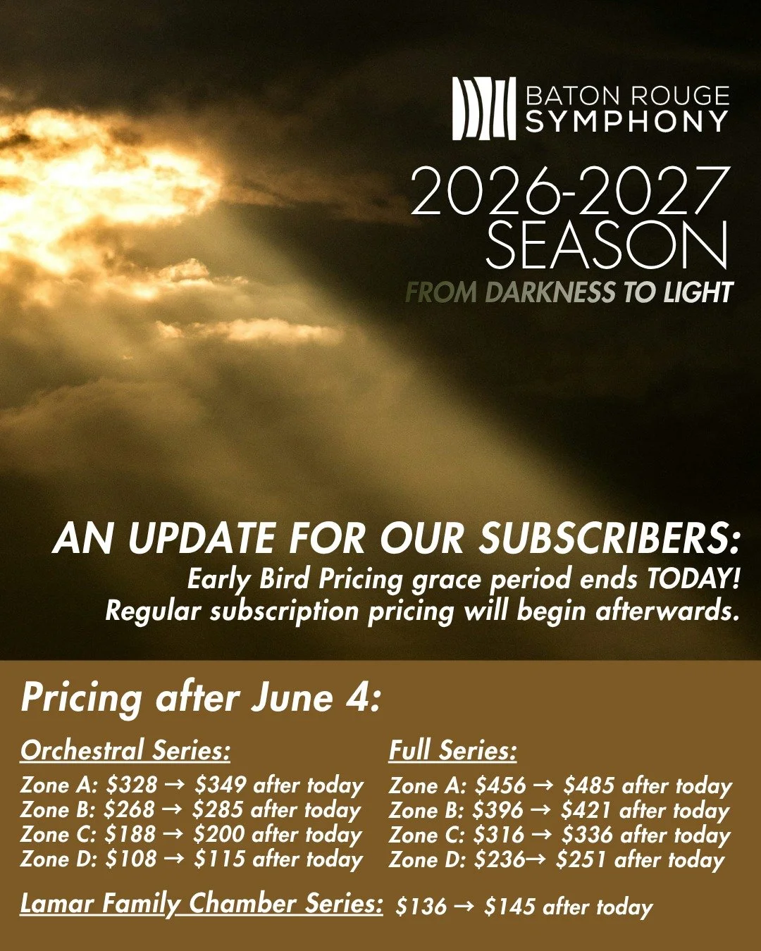 Subscribers, your grace period for early bird pricing on package renewals ends TODAY!

Call the box office at 225-383-0500 or send in your form by end of day today to take advantage of the lower price! 

After today, subscribers can renew their seaso