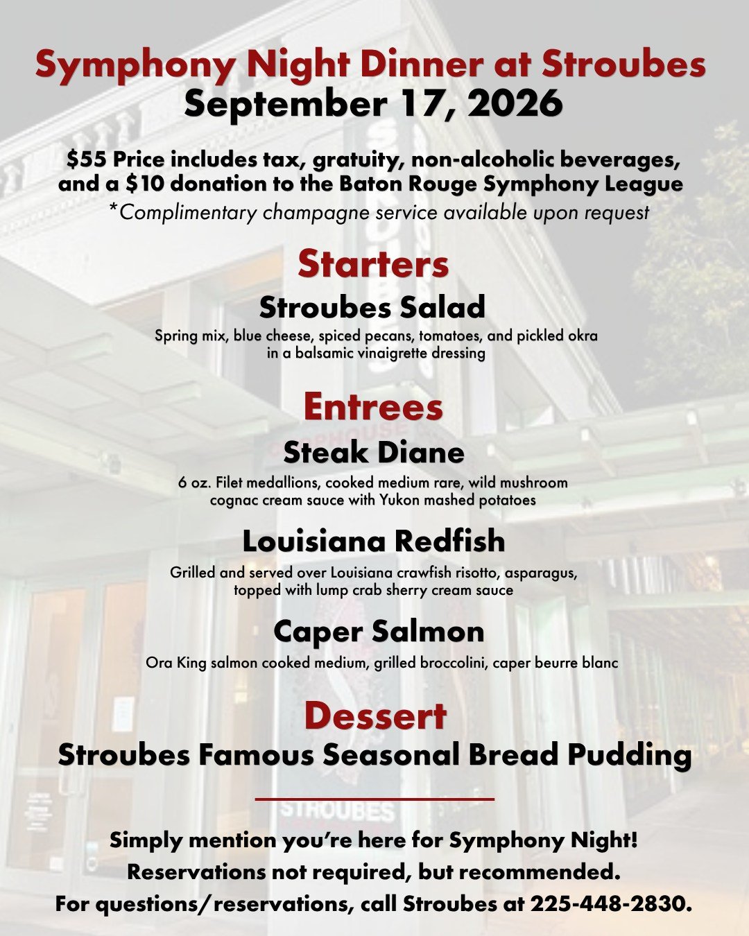 Opening night is almost two weeks away, and you know what that means...

Symphony Night Dinner is back at Stroubes, courtesy of the Baton Rouge Symphony League! 😍

Grab some dinner before the concert and support the Symphony League - reservations ar
