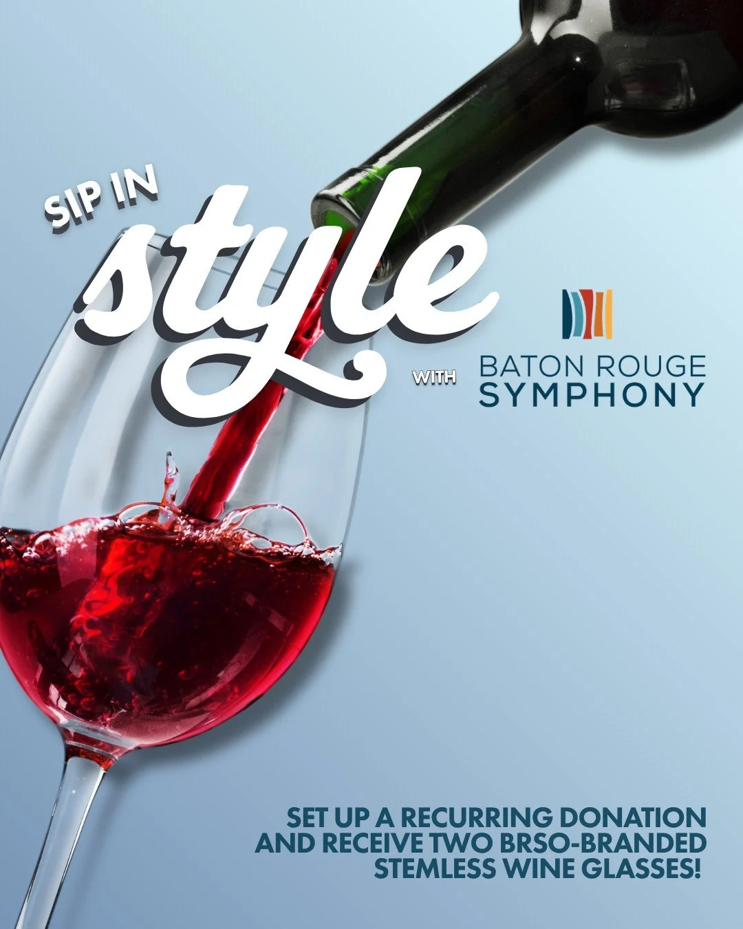 REMINDER! 
Set up a recurring donation (of any amount!) and receive two BRSO-branded wine glasses as a gift! 🍷

To donate, visit BRSO.org/donatebrso and be sure to select "Make this a monthly donation." 

Gifts of any amount are welcome! E