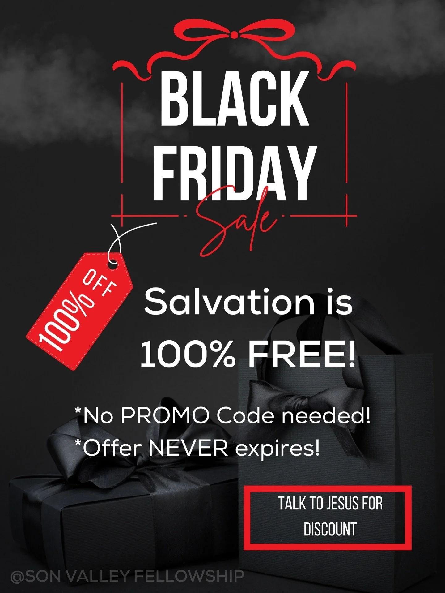 If you&rsquo;re shopping today, we hope you find some great deals&hellip;
but even more, we hope you find peace, hope, grace, and community. ❤️

Join us this Saturday @ 11:00am at Son Valley Fellowship
(in person or online!)

#BlackFriday #BlackFrida