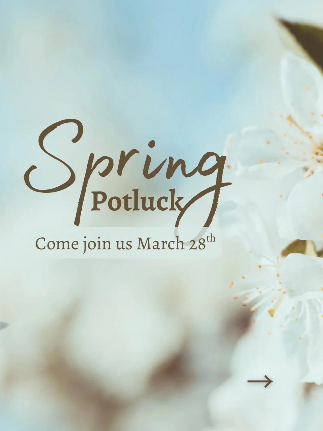 Kelowna! We would love to fellowship with you!
Join us for our spring potluck on March 28th after our service.

Bring yourself, bring a friend,
Bring a dish to share

&bull; Main dish - heat in advance and wrap to stay warm or store in a crock pot
&b