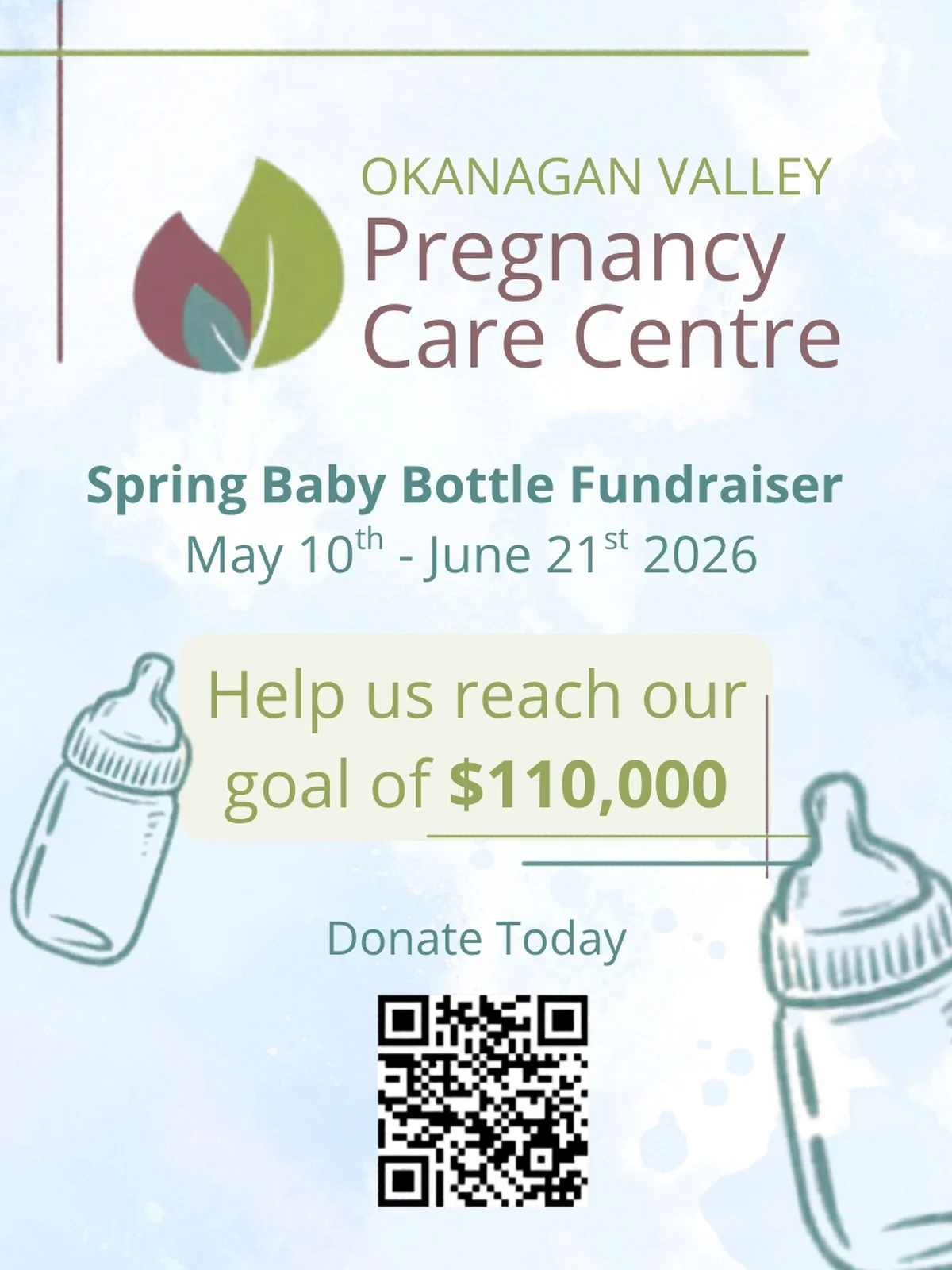 Join with us to raise funds for the Okanagan Valley Pregnancy Center.

Take a bottle from the back of the church on Saturdays to fill with change /cash or use the QR or the link in our bio to donate directly.&nbsp;

Please return your bottle by the J