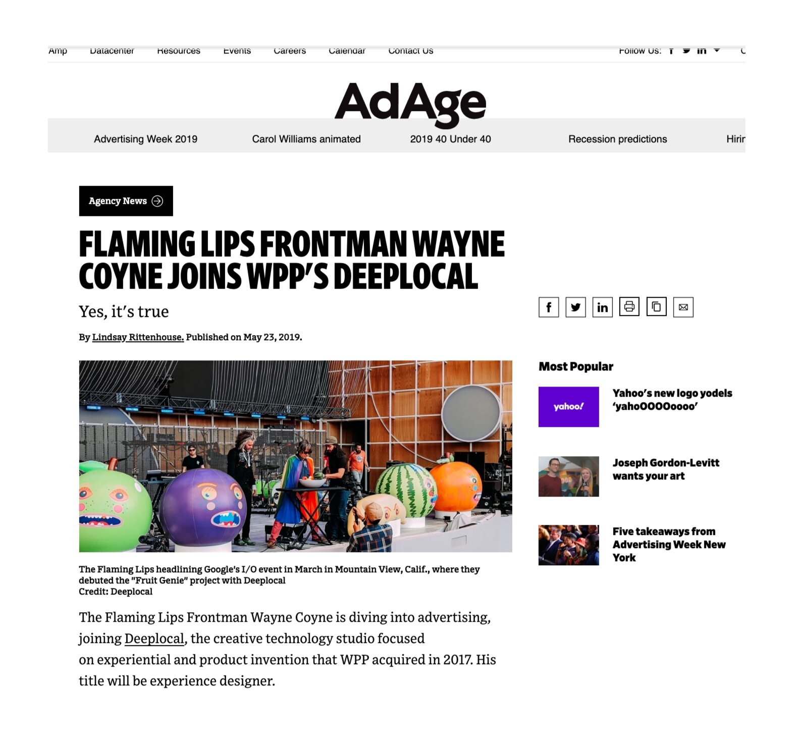 Feature about Deeplocal and Wayne Coyne's collaboration in AdAge.