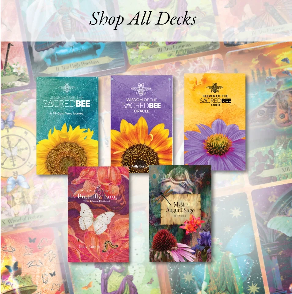 Five tarot and oracle decks with a link to purchase. Sacred Bee Tarot has a five-deck bundle available on this website. See all of the decks. #tarotdecks #tarotbundles #oracledecks