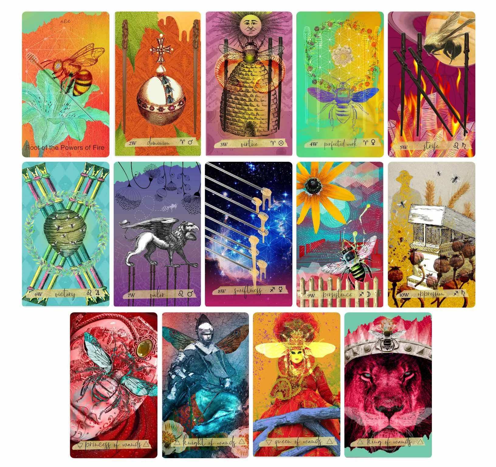A collection of tarot cards featuring symbols and illustrations, including images of bees, lions, a woman, a queen, and a lion, with vibrant colors and intricate designs.