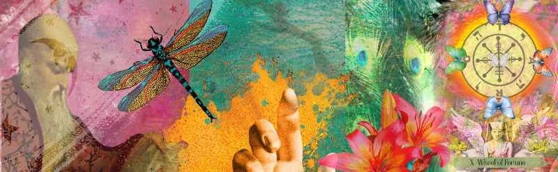 A colorful collage featuring a dragonfly, a human finger pointing upward, flowers, a clock, and butterflies.