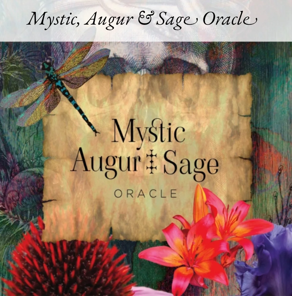 Decorative oracle card game titled 'Mystic Augur & Sage Oracle' with a dragonfly, colorful flowers, and a botanical background.