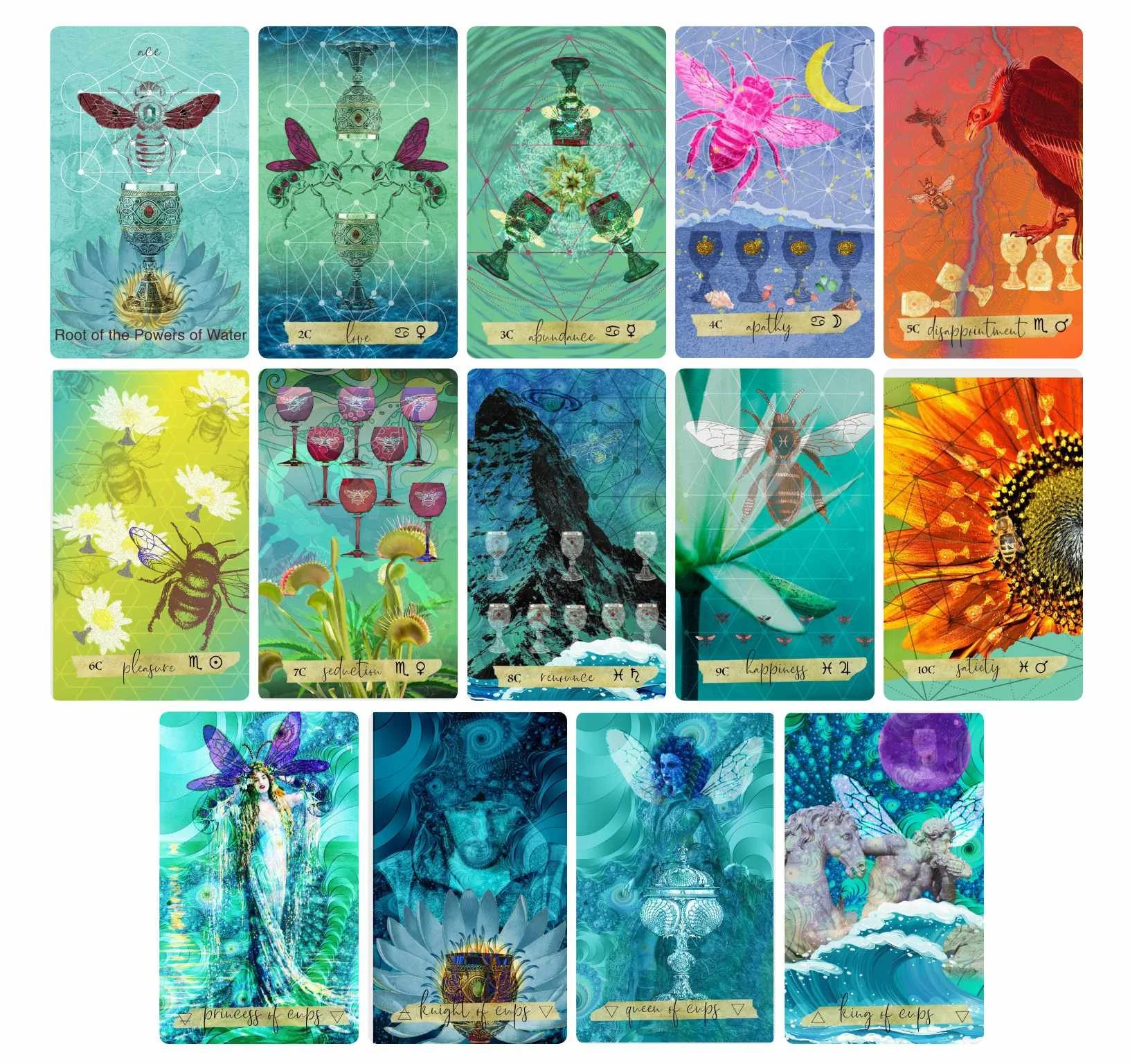 Collection of tarot cards featuring bees and fairy themes, with vibrant colors and detailed artwork.
