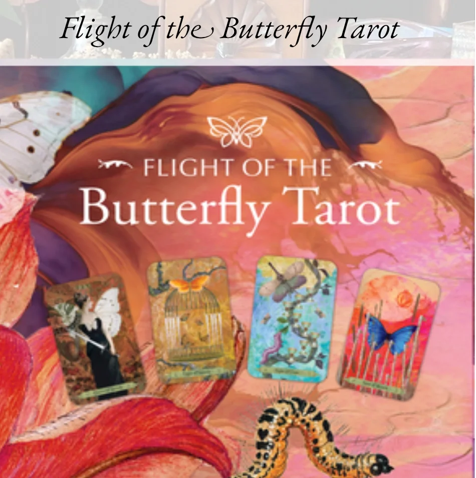 Cover of the 'Flight of the Butterfly Tarot' with four tarot cards featuring a butterfly, a birdcage, a dragonfly, and a butterfly behind bars, and a butterfly illustration above the title.
