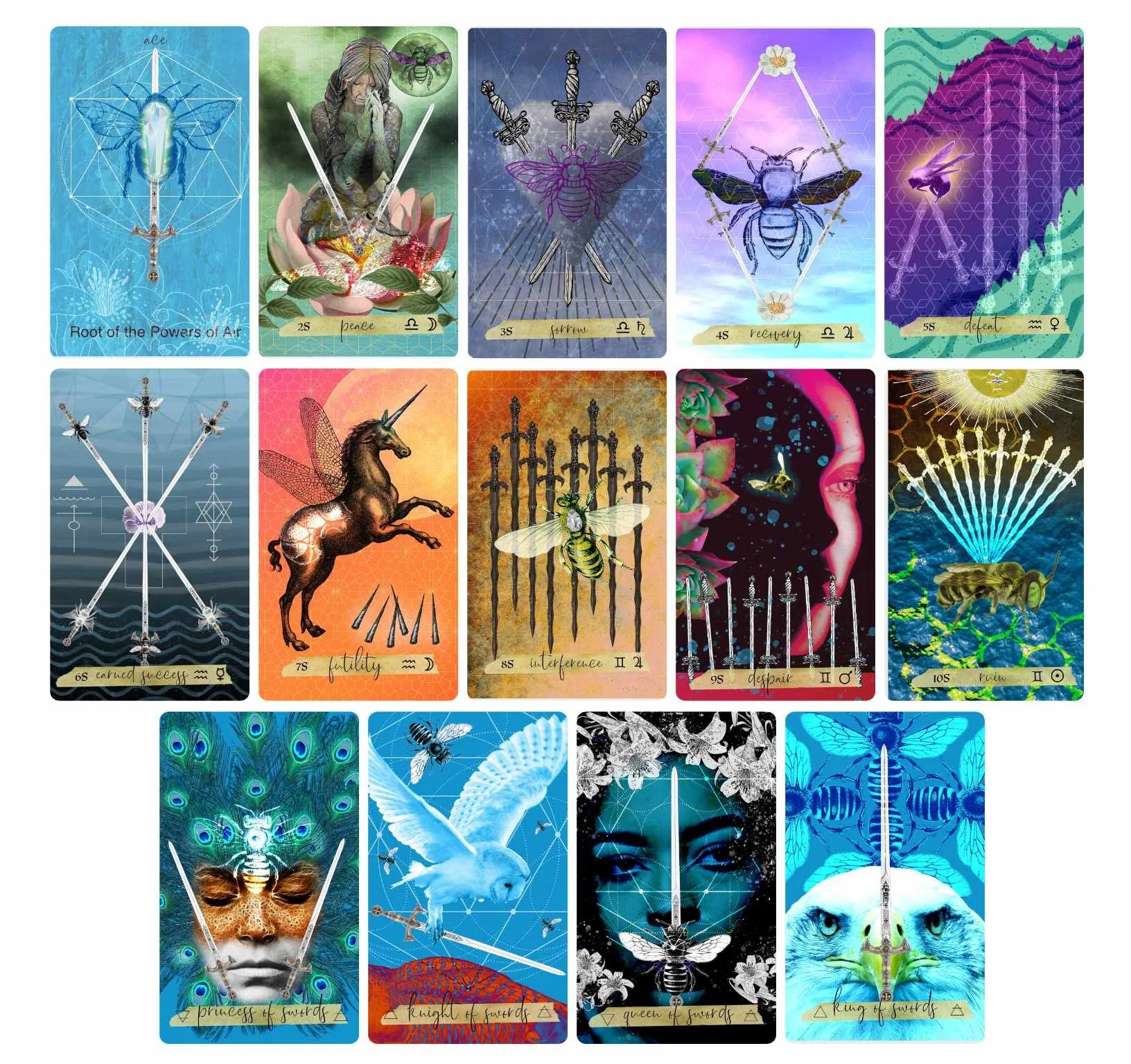 Collection of 15 fantasy-style tarot cards with themes centered around insects and birds, featuring vibrant colors and intricate designs.