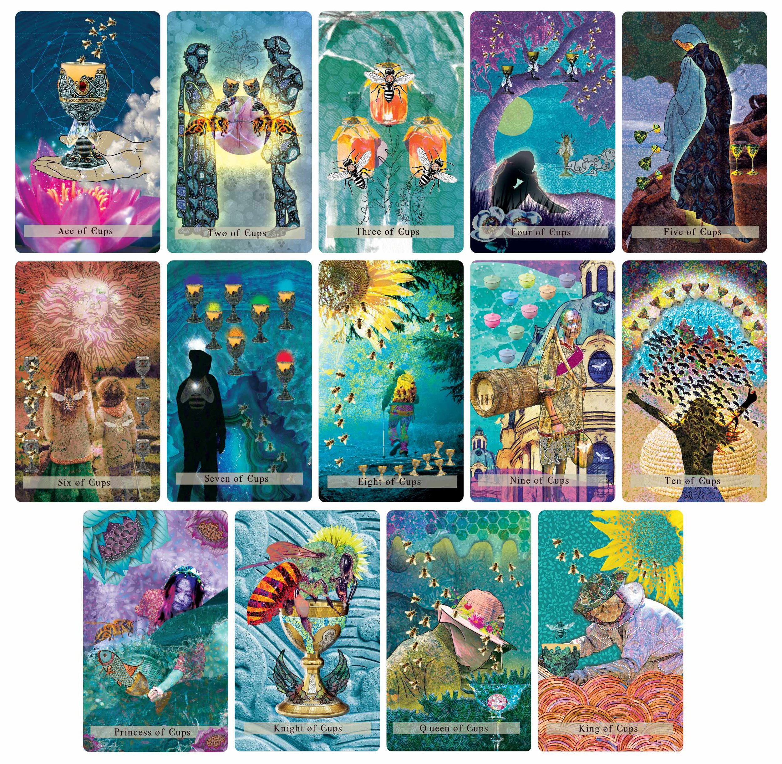 A collage of 16 tarot cards from the Cups suit, featuring various artistic and colorful illustrations representing different card meanings, such as Ace, Two, Three, Four, Five, Six, Seven, Eight, Nine, Ten, Princess, Knight, Queen, and King of Cups.