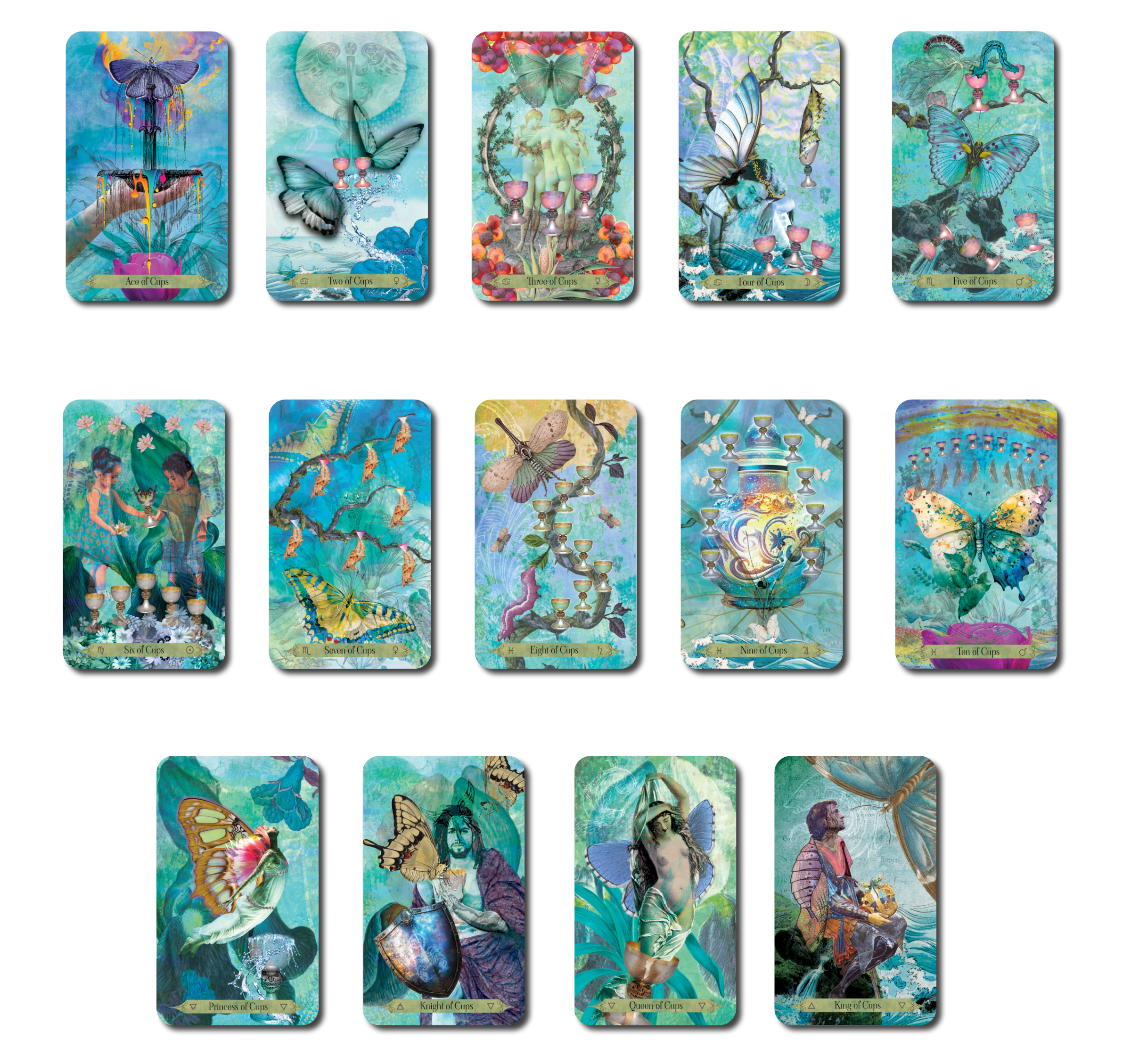A colorful deck of tarot cards featuring butterflies, flowers, and fantasy-themed illustrations, including cups, princess, knight, queen, and king of cups.