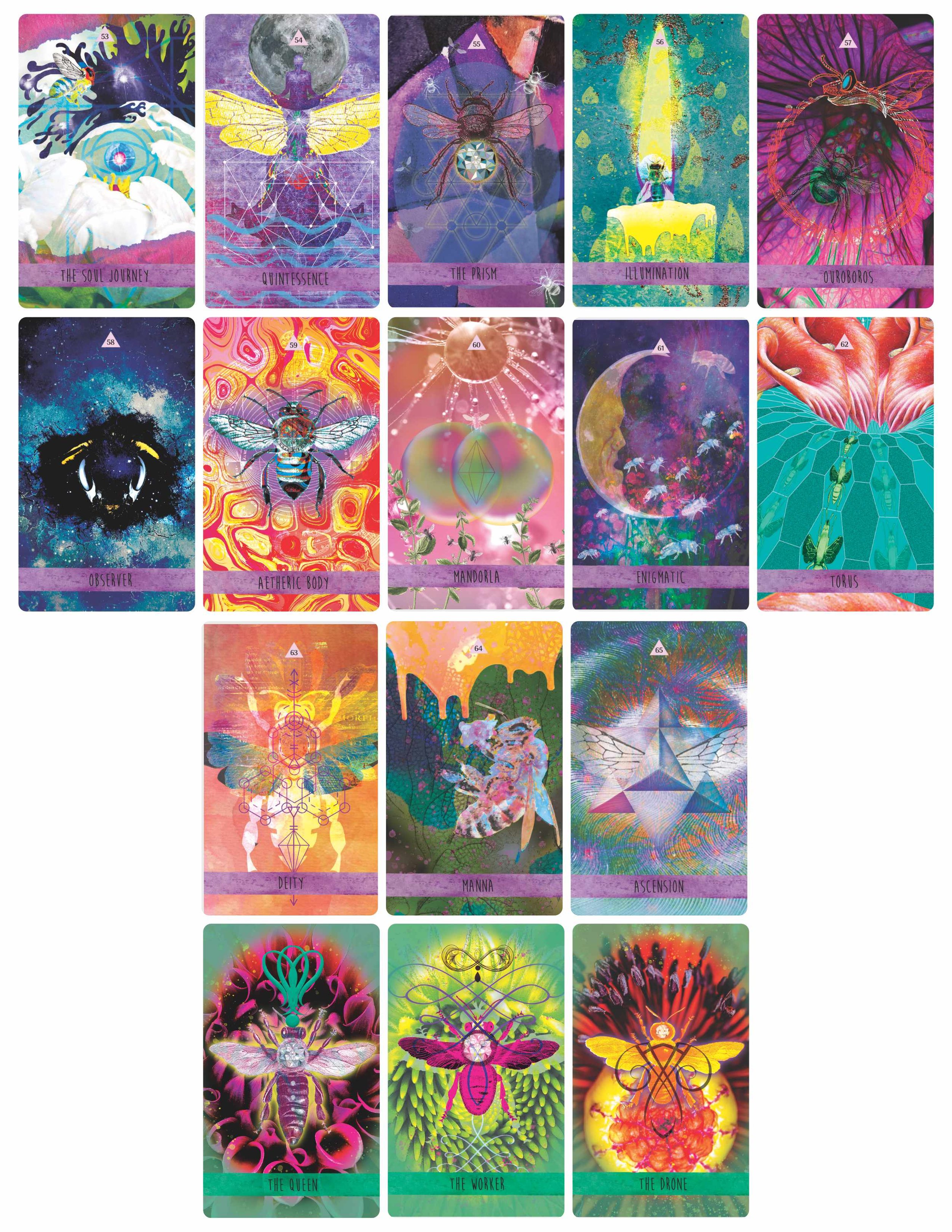 A collection of 15 tarot cards arranged in a grid with colorful, abstract, and spiritual artwork, each with a title such as "The Soul Journey," "Quintessence," "The Prism," and others.