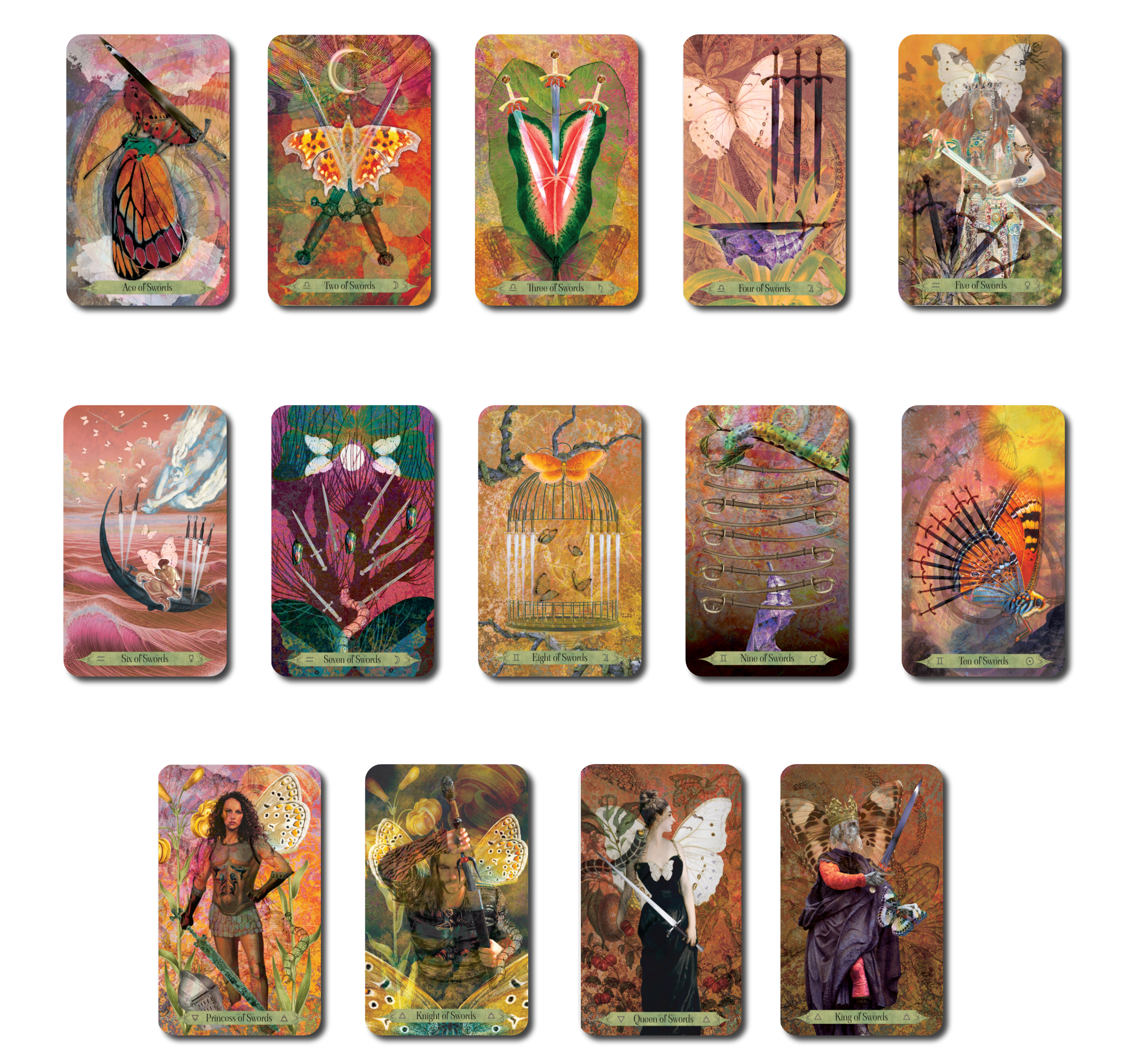 Illustrated fantasy tarot card deck featuring colorful butterflies, insects, flowers, and women with butterfly wings, dressed in elaborate costumes, each card labeled with traditional tarot names.
