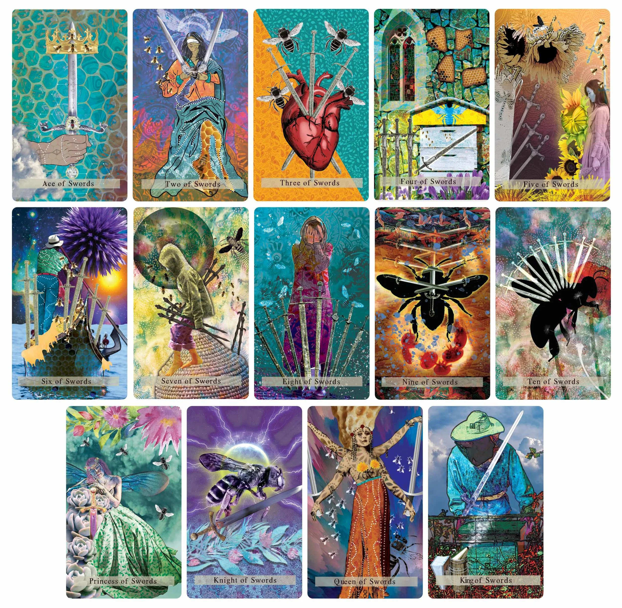 A colorful collection of tarot cards featuring swords, numbered from Ace to King, with artistic, vibrant backgrounds.