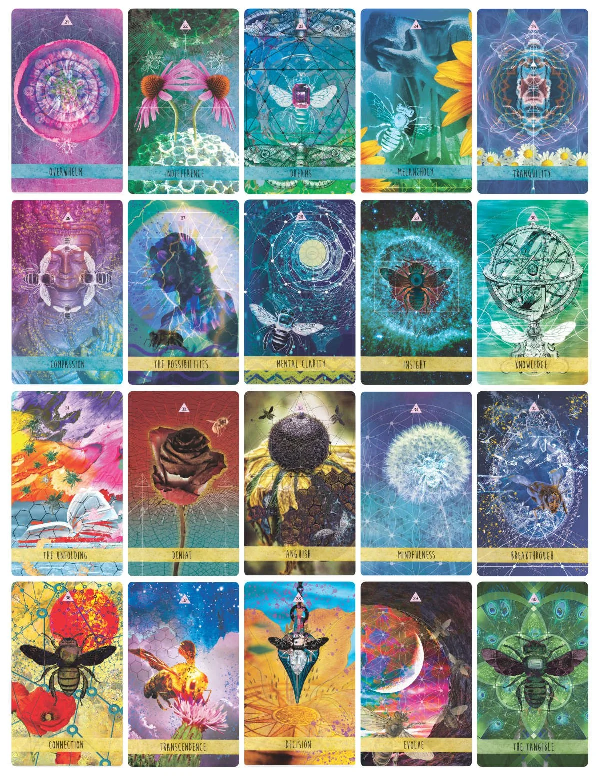A collection of 20 spiritual and nature-themed tarot or oracle cards arranged in a grid. Each card features vibrant, abstract, and symbolic artwork with words like 'Overwhelm,' 'Indifference,' 'Dreams,' 'Melancholy,' 'Tranquility,' 'Compassion,' 'The Possibilities,' 'Mental Clarity,' 'Insight,' 'Knowledge,' 'The Unfolding,' 'Denial,' 'Anguish,' 'Mindfulness,' 'Breakthrough,' 'Connection,' 'Transcendence,' 'Decision,' 'Evolve,' and 'The Tangible'.