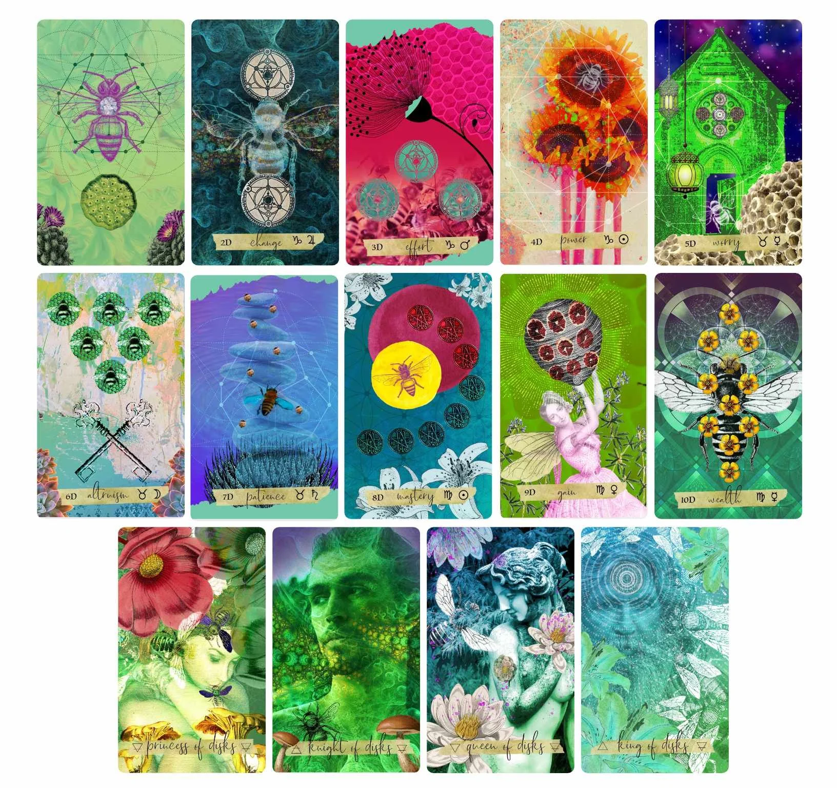 Set of 15 digital fantasy-style tarot or oracle cards with vibrant colors and symbolic imagery, featuring themes of nature, mythology, and spirituality.