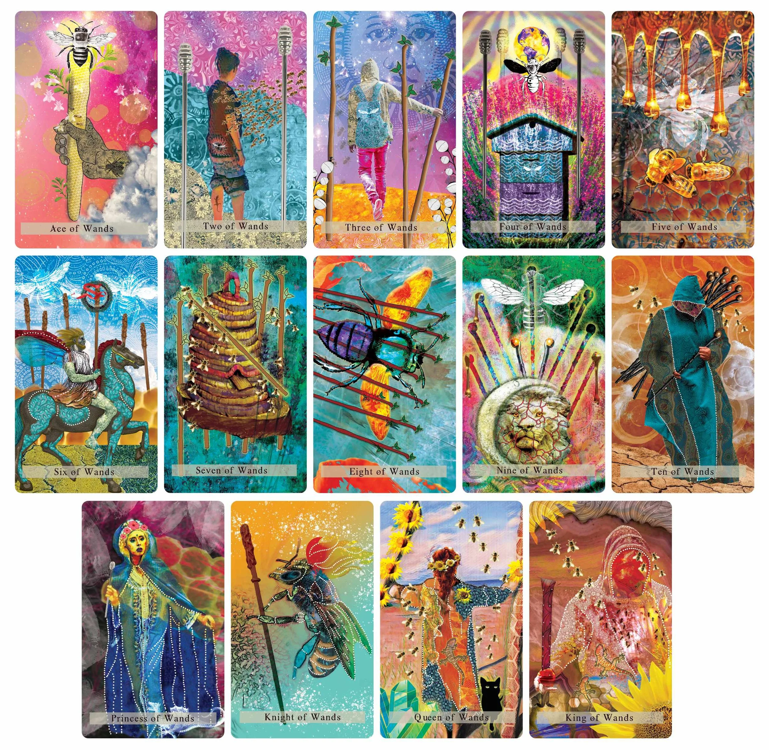 Colorful illustrated tarot cards featuring various figures and symbolic images, each labeled with the number of Wands from Ace to King, and including Princess, Knight, Queen, and King of Wands.