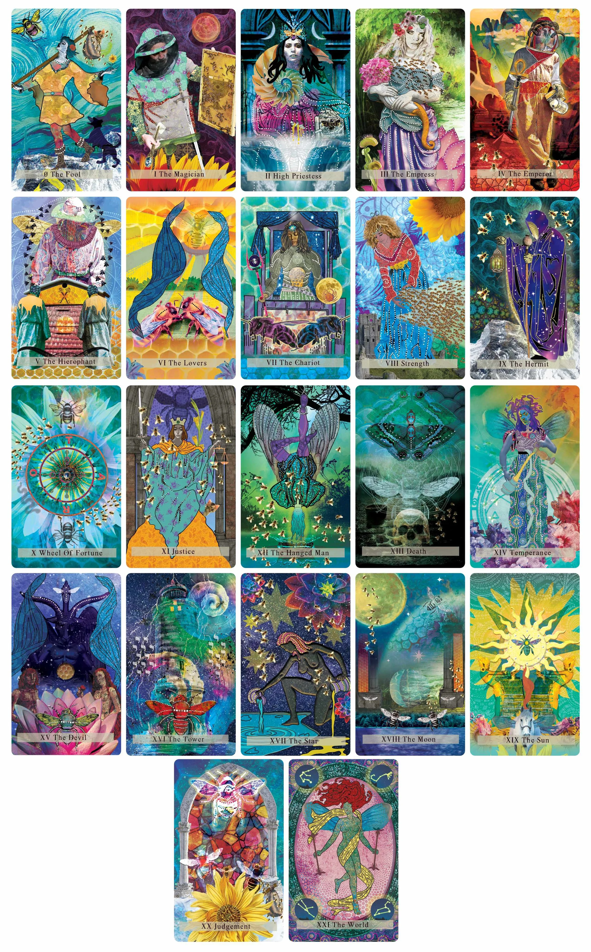 A collection of illustrated tarot cards, including The Fool, The Magician, High Priestess, The Empress, The Emperor, The Hierophant, The Lovers, The Chariot, Strength, The Hermit, Wheel of Fortune, Justice, The Hanged Man, Death, Temperance, The Devil, The Tower, The Star, The Moon, The Sun, Judgement, and The World.