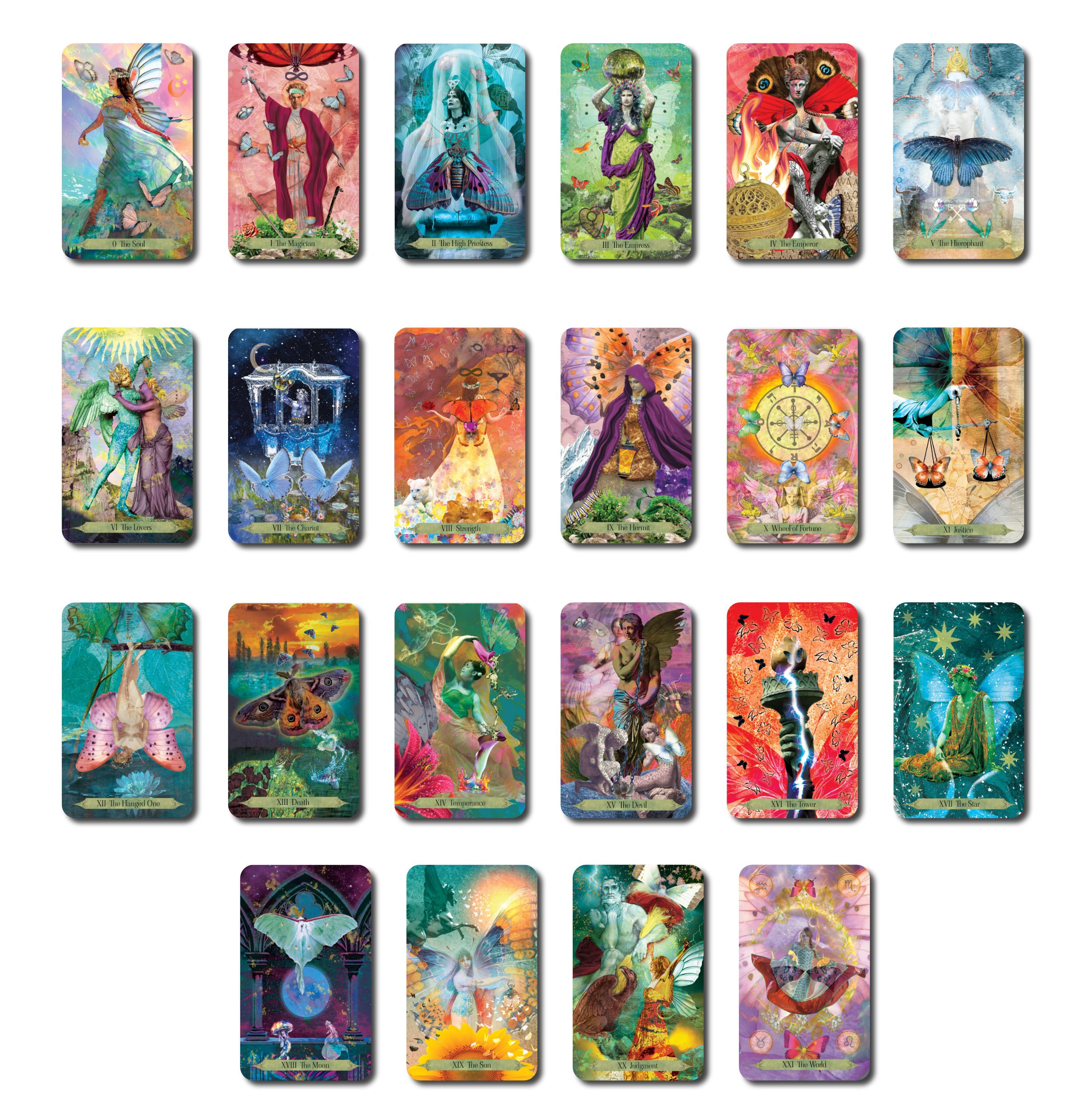 A spread of fantasy and mystical tarot cards with colorful, artistic illustrations.