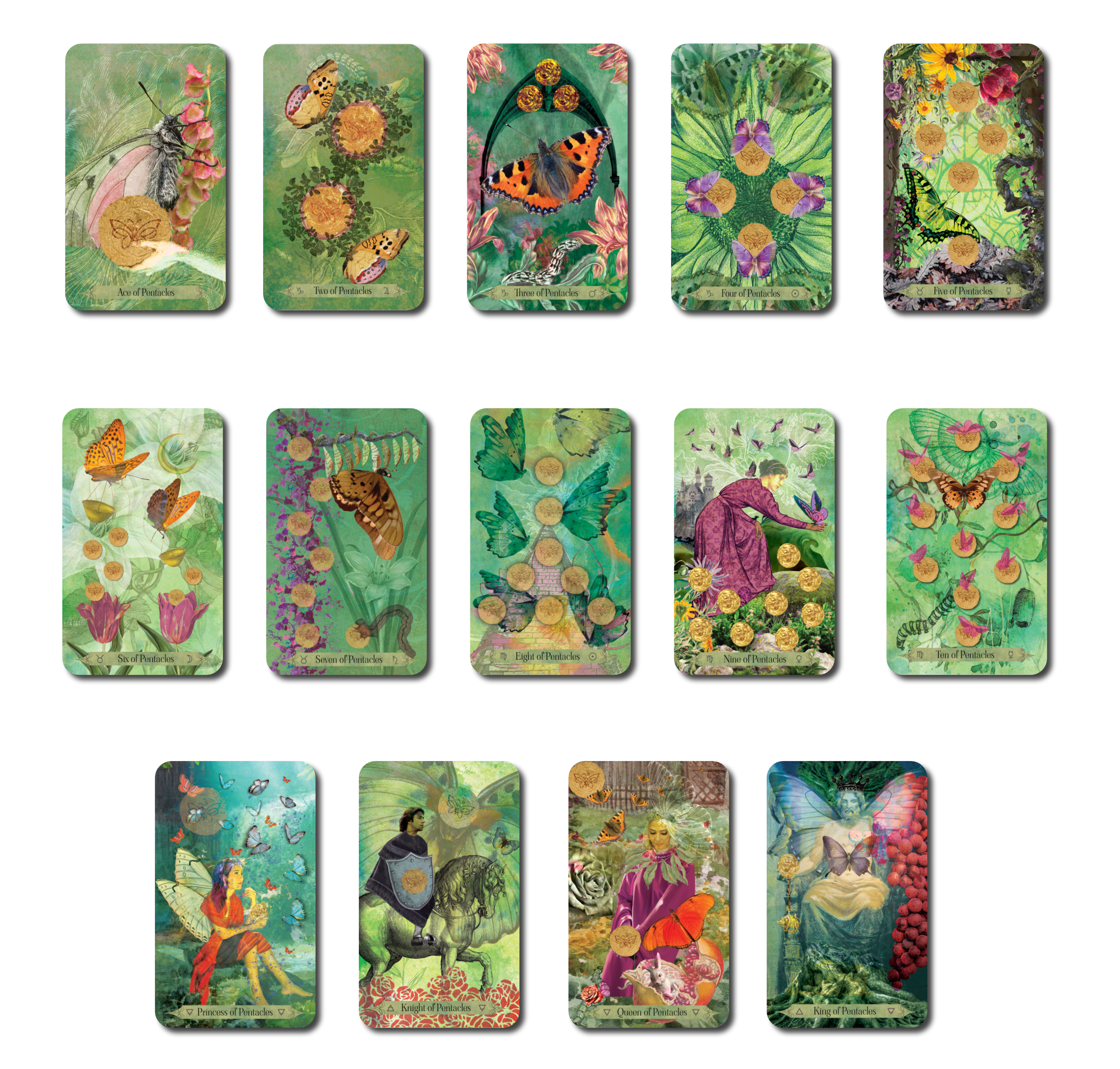 A collection of tarot cards featuring various butterfly and insect illustrations with floral and fantasy elements.
