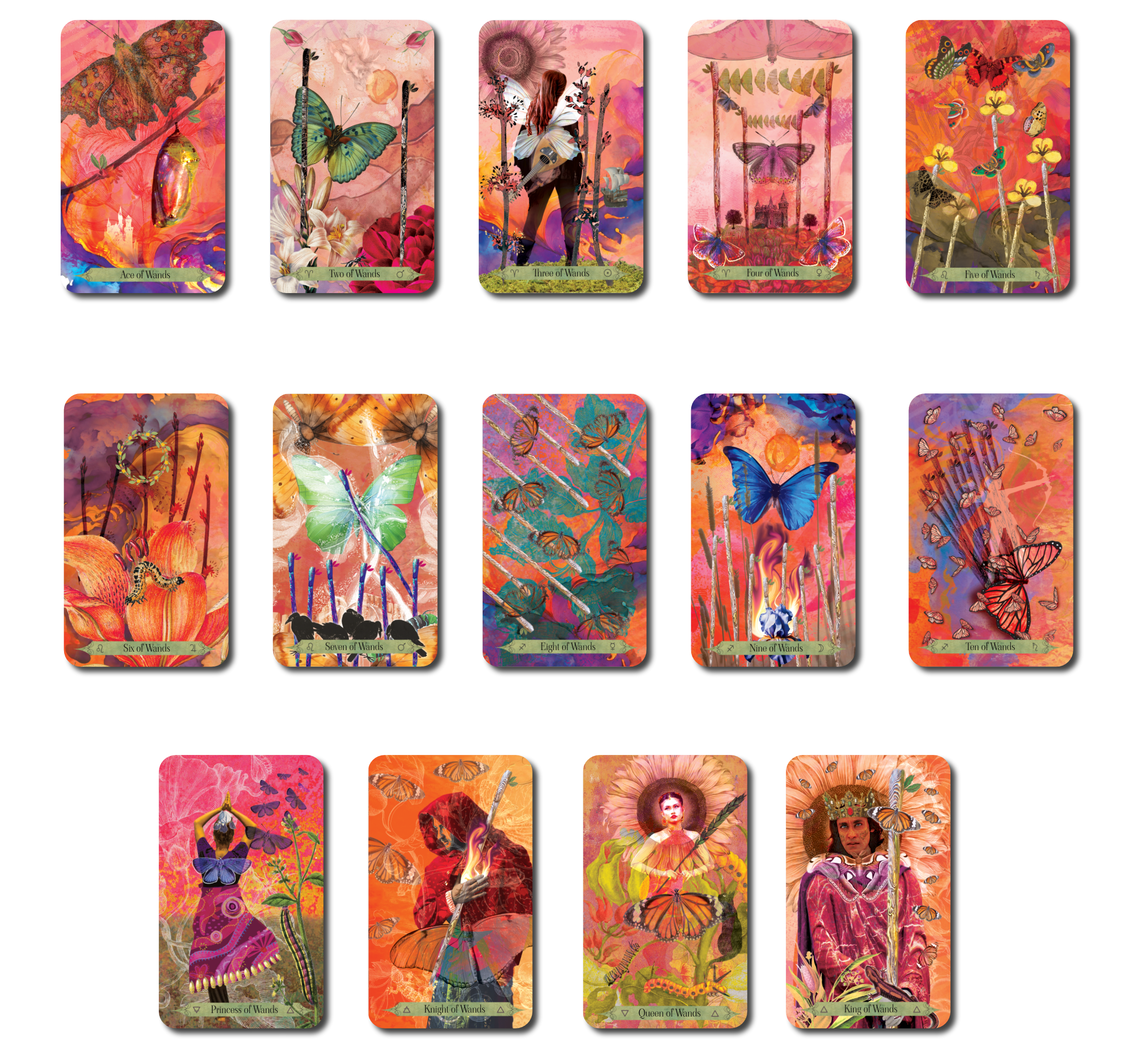 A set of colorful, artistic tarot cards featuring butterflies, flowers, a woman with a guitar, a princess, a knight, a queen, and a king, all with vibrant backgrounds.