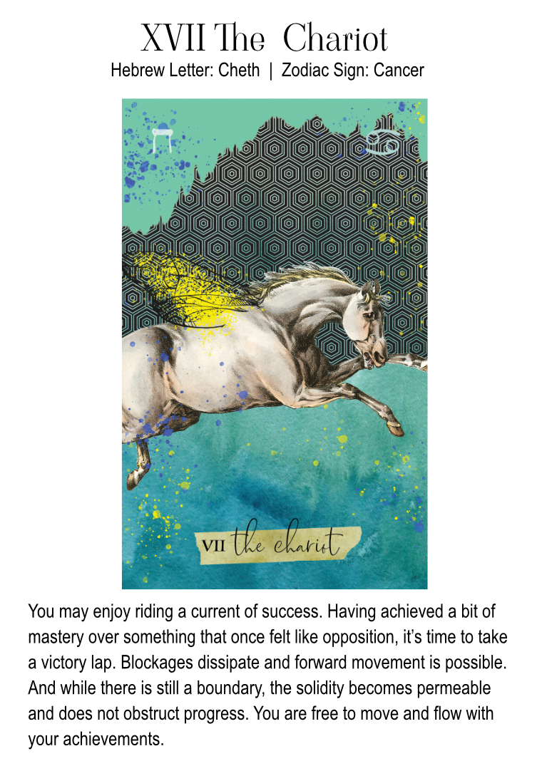 Artistic illustration of a horse rearing, with a background featuring hexagonal patterns and colorful splashes of paint. The card title reads "XVII The Chariot," with zodiac sign Cancer and Hebrew letter Cheth, and a small label at the bottom says "VII The Chariot."