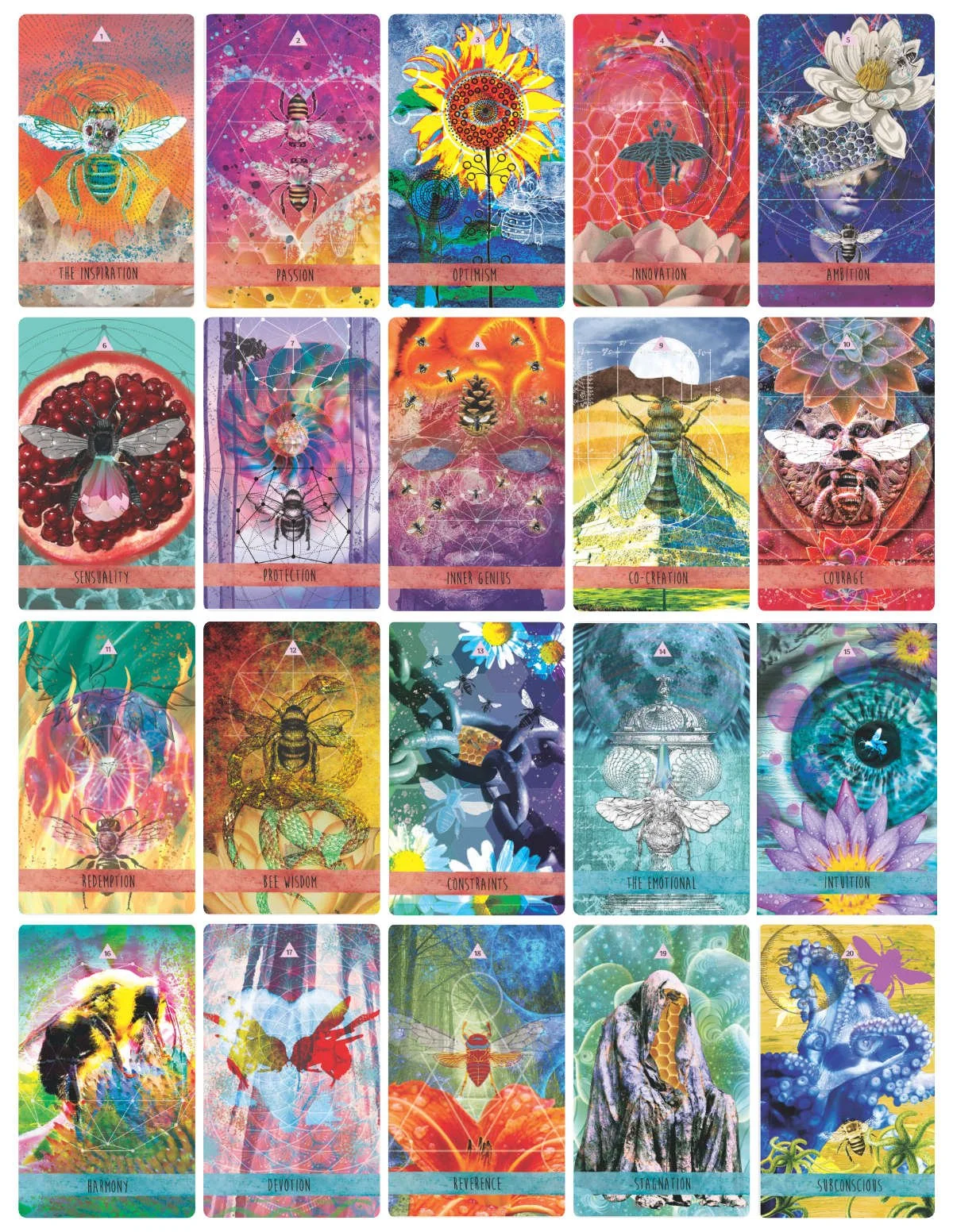 A grid of 20 colorful cards featuring bees and insects with abstract backgrounds and symbolic themes such as inspiration, passion, optimism, innovation, ambition, sensibility, protection, inner genius, co-creation, courage, redemption, bee wisdom, constraints, the emotional, intuition, harmony, devotion, reverence, stagnation, and subconscious.